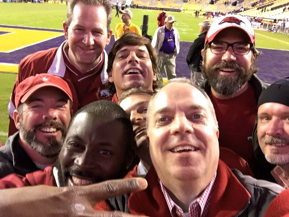 A victory selfie of some of the Tusk To Tail members on the LSU field after the 31-14 win by the Hogs.