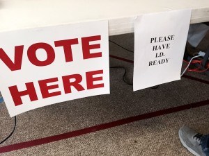 Sign at a polling site in Fort Smith, Ark., on primary election day (March 1).
