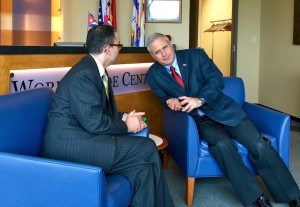 (from left) Melvin Torres, director of Latin American Trade at the Arkansas World Trade Center, visits with Juan Lamiguerio Leon, deputy chief of mission for the Embassy of the Republic of Cuba prior to a brief press conference at the World Trade Center in Rogers on Wednesday (April 13). The Cuban trade delegation visited Central and Northwest Arkansas this week to facilitate trade and investment between the Natural State and Cuba.