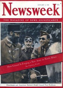 A Newsweek magazine cover from 1943 showing Col. William Darby (right) speaking to a member of the French military.