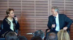 Former U.S. Secretary of Labor Alexis Herman on Friday (July 15) asks questions of former British Prime Minister Tony Blair during the Frank and Kula Kumpuris Distinguished Lecture Series held at the Clinton Presidential Center in Little Rock.